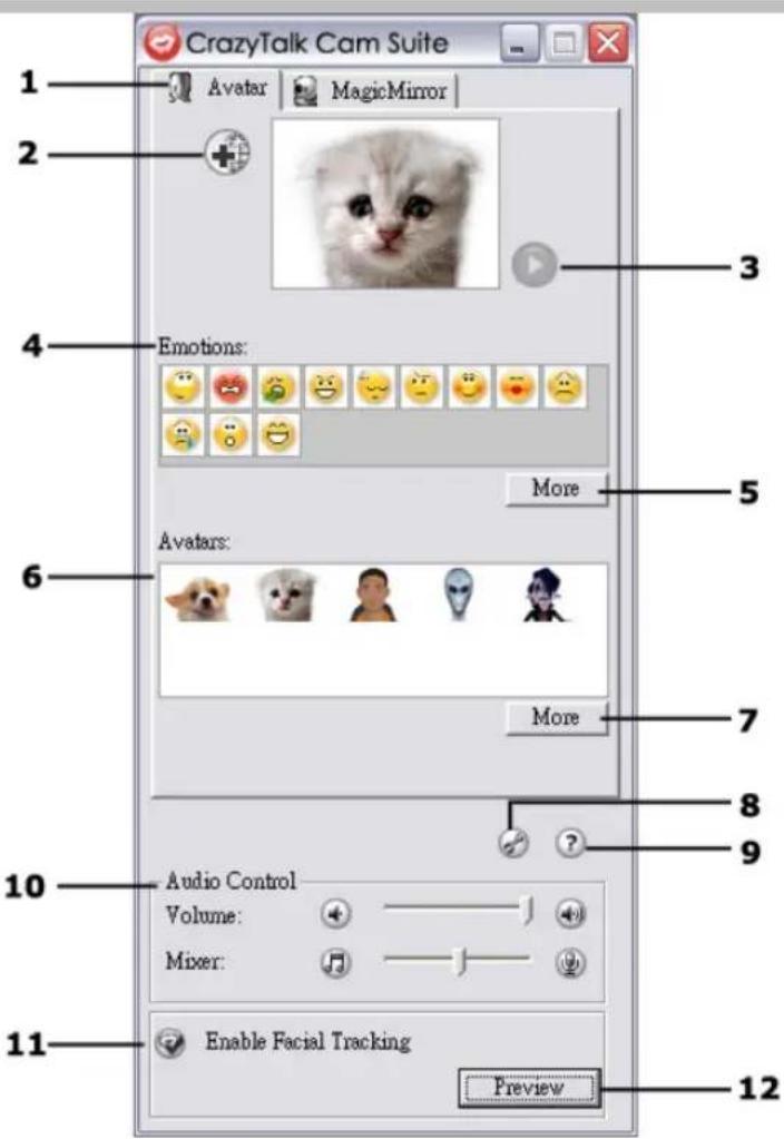 1 2 3 4 Emotions: More 5 6 Avatars: More 7 8 9 10 Audio Control Volume: Mixer: Enable Facial Tracking Preview 11 12