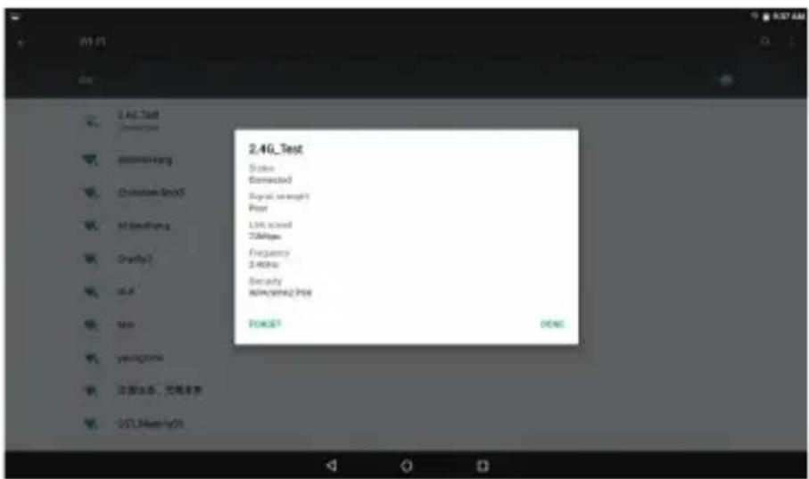 2.4G_Test Status Connected Signal strength Post LTI speed 20Mbps Frequency 2.4GHz Security 80MHz/Hz Power DONE