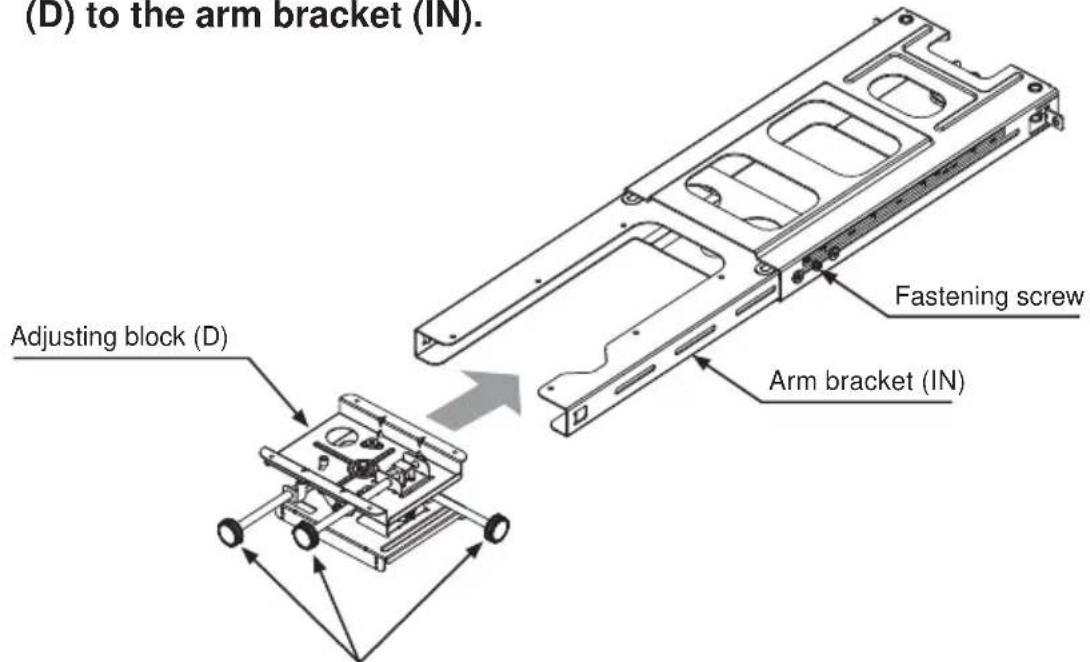 (D) to the arm bracket (IN). Adjusting block (D) Fastening screw Arm bracket (IN)