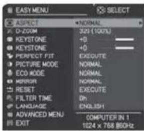 EASY MENU ASPECT D-ZOOM KEystone KEystone PERPECT FIT PICTURE MODE ECO MODE MIRROR RESET FILTER TIME LANGUAGE ADVANCED MENU EXIT NORMAL 325 (100%) +0 +0 EXECUTE NORMAL NORMAL EXECUTE DH ENGLISH COMPUTER IN 1 1024 x 768 BGHz