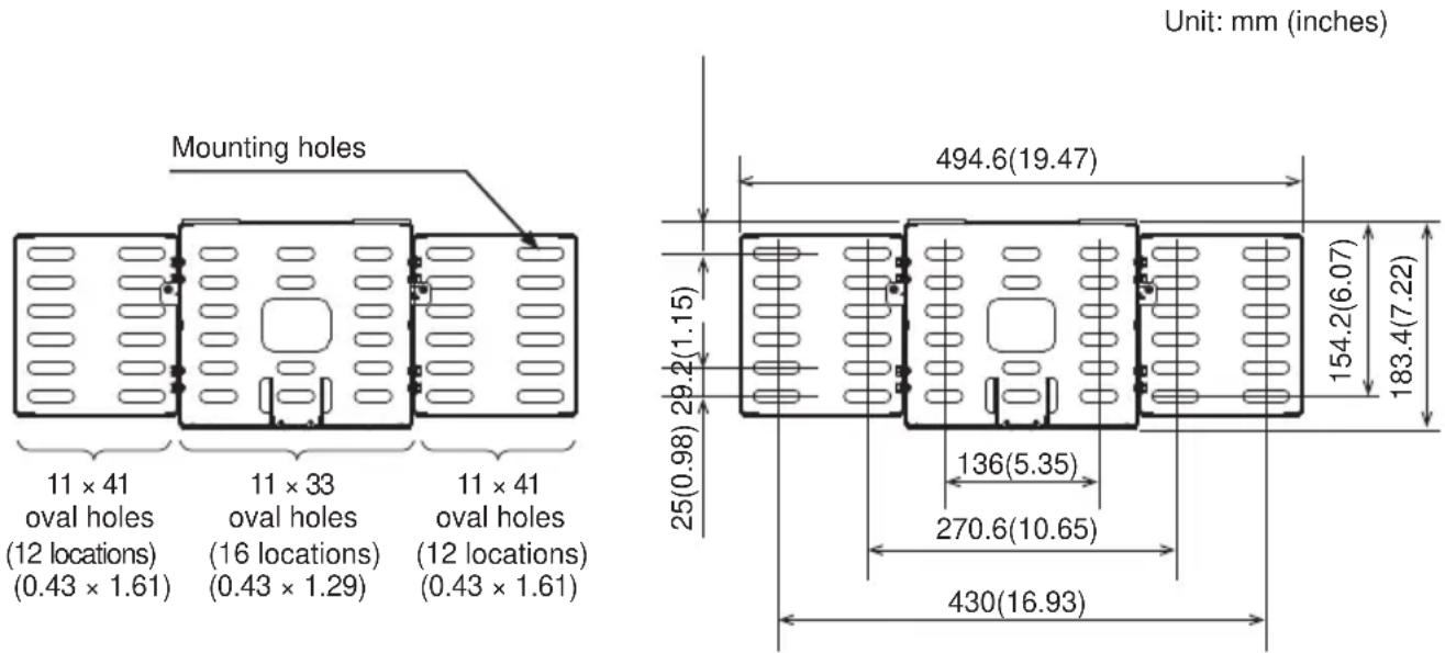 Mounting holes 11 × 41 oval holes (12 locations) (0.43 × 1.61) 11 × 33 oval holes (16 locations) (0.43 × 1.29) 11 × 41 oval holes (12 locations) (0.43 × 1.61) Unit: mm (inches) 494.6(19.47) 25(0.98) 29.2(1.15) 154.2(6.07) 183.4(7.22) 136(5.35) 270.6(10.65) 430(16.93)