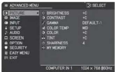 ADVANCED MENU PICTURE IMAGE INPUT SETUP AUDIO SCREEN OPTION SECURITY EASY MENU EXIT BRIGHTNESS CONTRAST GAMMA COLOR TEMP COLOR TINT SHARNESS MY MEMORY +0 +0 DEFAULT-1 MD +0 +0 4 COMPUTER IN 1 1024 x 768 @60Hz
