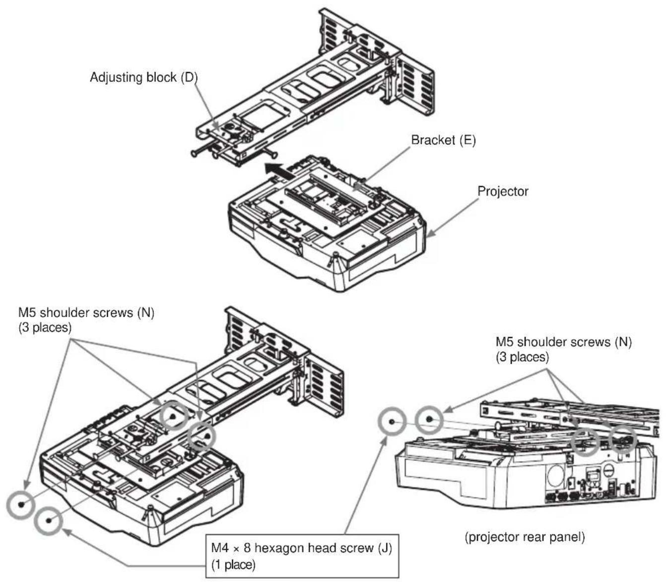 HITACHI HAS-WM06 - ⑩ Mount bracket (E) from the direction of the arrow to the adjustment block (D). - 1