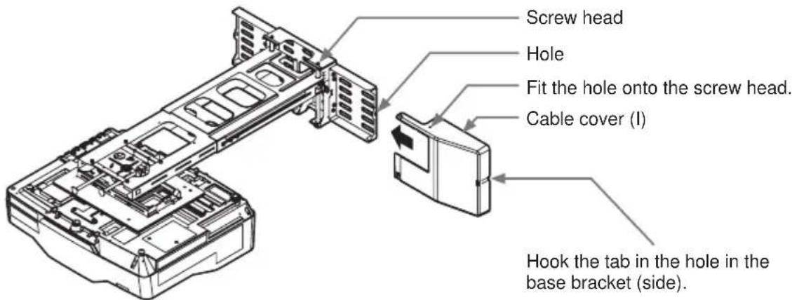 Screw head Hole Fit the hole onto the screw head. Cable cover (I) Hook the tab in the hole in the base bracket (side).