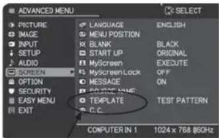 ADVANCED MENU PICTURE IMAGE INPUT SETUP AUDIO SCREEN OPTION SECURITY EASY MENU EXIT LANGUAGE MENU POSITION BLANK START UP MyScreen MyScreen Lock MESSAGE SOURCE NAME TEMPLATE C.C. ENGLISH BLACK ORIGINAL EXECUTE OFF ON TEST PATTERN COMPUTER IN 1 1024 x 768 @60Hz