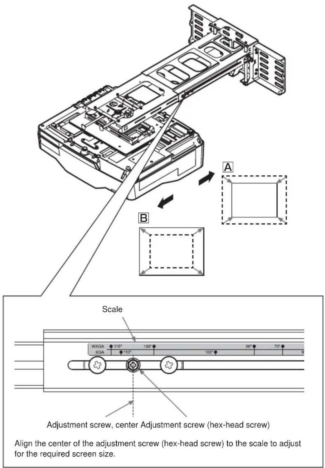 Scale WXGA 110° 100° 90° 70° XGA 110° 100° Adjustment screw, center Adjustment screw (hex-head screw) Align the center of the adjustment screw (hex-head screw) to the scale to adjust for the required screen size.