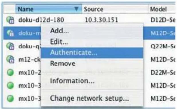 Name doku-d12d-180 10.3.30.151 Add... Edit... Authenticate... Remove Information... Change network setup... Model D12D-Se M12D-Se Q22M-Se M12D-Se D22M-Se M12D-Se M12D-Se