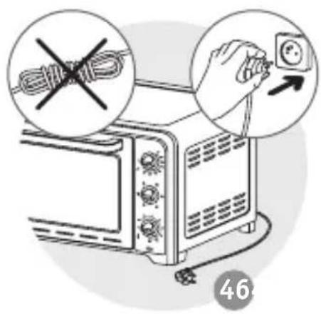 Illustration showing a microwave oven with a hand adjusting a wall socket, accompanied by warning symbols and page number 46.