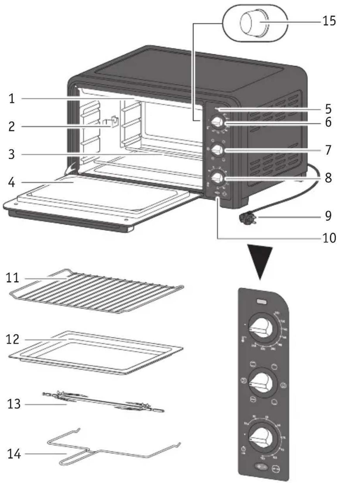 Exploded view diagram of a microwave oven with numbered parts and exploded view