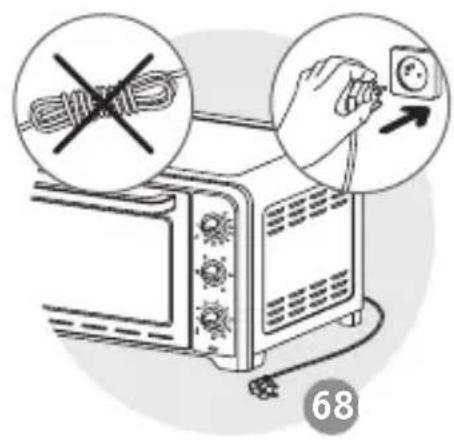Illustration showing a toaster with a hand holding a power outlet, accompanied by warning symbols for cable and switch.