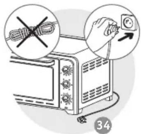 Illustration showing a toaster with a hand holding a power outlet, accompanied by warning symbols for cable and switch.