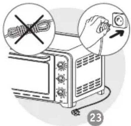 Illustration showing a microwave oven with a hand holding an electrical outlet, accompanied by warning symbols and a numbered label '23'.
