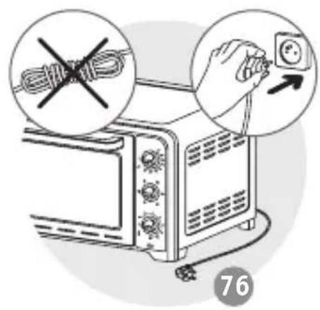 Illustration showing a microwave oven with cable and power switch, accompanied by warning symbols and page number 76.