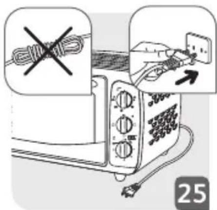 Diagram showing a toaster with a crossed cord and a switch, accompanied by warning symbols and a numbered label '25'.