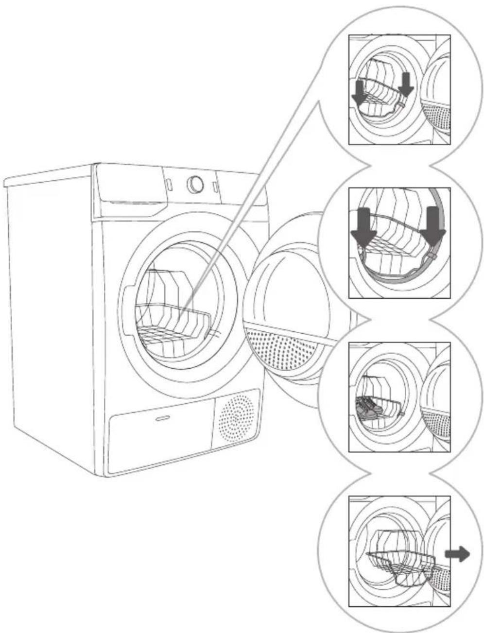 Diagram illustrating the process of washing machine cleaning, showing steps from fan to sink with magnified views of internal components.