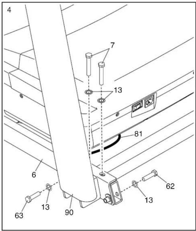 NordicTrack S40 - Legen Sie den rechten Pfosten (90) neben die Basis (6). Drücken Sie die Durchführung (77) in das quadratische Loch (B) am rechten Pfosten (90). Achten Sie darauf, das Erdungskabel (C) nicht einzuklemmen. - 2