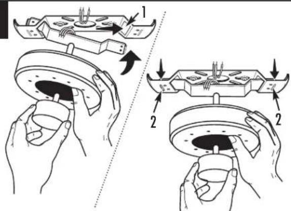Technical diagram showing two-step assembly steps of a mechanical component with labeled parts and directional arrows indicating motion.
