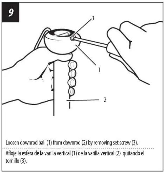 9 Loosen downrod ball (1) from downrod (2) by removing set screw (3). Afloje la esfera de la varilla vertical (1) de la varilla vertical (2) quitando el tornillo (3).