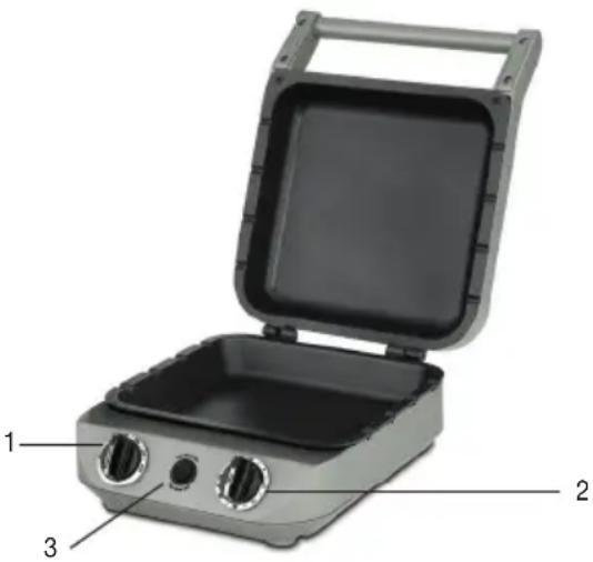 Labeled diagram of a portable electric stove with three outlets and a handle, showing open lid and interior compartments.