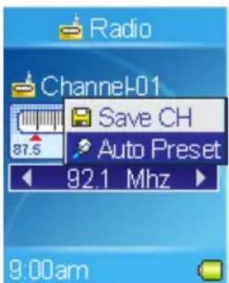 Radio Channel01 87.5 Save CH Auto Preset 92.1 Mhz 9:00am