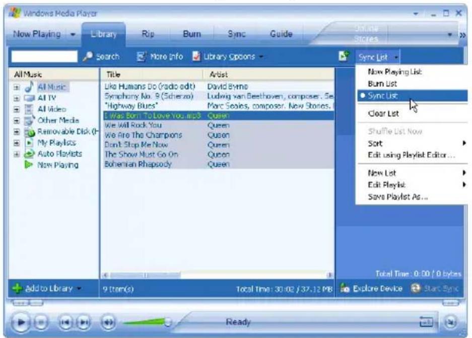 Windows Media Player Now Playing Library Rip Burn Sync Guide Shine Stories Search More Info Library Spoons Sync List All Music All Music All TV All Video Other Media Removable Disk (R- My Playlists Auto Playlists Now Playing Title Artist Like Humans Do (radio edit) David Byrne Symphony No. 9 (Schierzo) Ludwig van Beethoven, composer, Se *Highway Blues* Marc Seales, composer. Now Stories. I Was Born To Love You, mp3 Queen We Will Rock You Queen We Are The Champions Queen Don't Stop Me Now Queen The Show Must Go On Queen Bohenian Rhapsody Queen New Playing List: Burn List Sync List Clear List Shuffle List Now Sort Edit using Playlist Editor... New List Edit Playlist: Savs Playlist As... Add to Library 9 Item(s) Total Time: 30:02 / 37:12 MB Explore Device Start Sync Ready