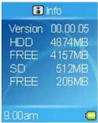 Info Version 00.00.05 HDD 4874MB FREE 4157MB SD 512MB FREE 206MB 9:00am
