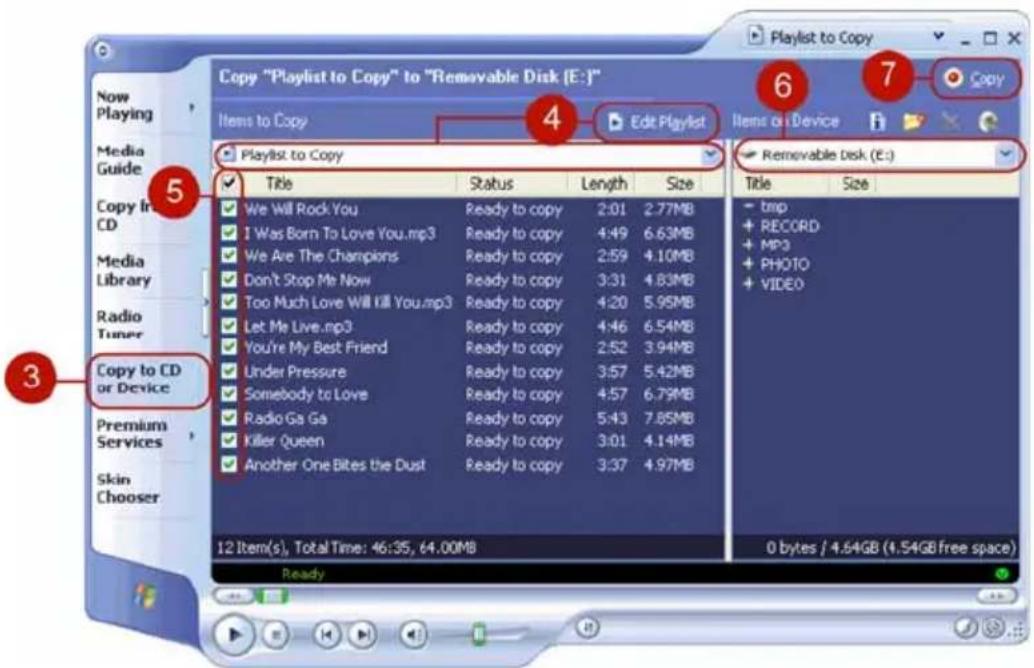 Now Playing Media Guide Copy in CD Media Library Radio Tuner Copy to CD or Device Premium Services Skin Chooser 12 Item(s), Total Time: 46:35, 64.00MB Ready Copy "Playlist to Copy" to "Removable Disk (E:) Items to Copy Edit Playlist 4 6 7 Copy Removable Disk (E:) Title Status Length Size ✓ We Will Rock You Ready to copy 2:01 2.77MB ✓ I Was Born To Love You.mp3 Ready to copy 4:49 6.63MB ✓ We Are The Champions Ready to copy 2:59 4.10MB ✓ Don't Stop Me Now Ready to copy 3:31 4.83MB ✓ Too Much Love Will Kill You.mp3 Ready to copy 4:20 5.95MB ✓ Let Me Live.mp3 Ready to copy 4:46 6.54MB ✓ You're My Best Friend Ready to copy 2:52 3.94MB ✓ Under Pressure Ready to copy 3:57 5.42MB ✓ Somebody to Love Ready to copy 4:57 6.79MB ✓ Radio Ga Ga Ready to copy 5:43 7.85MB ✓ Killer Queen Ready to copy 3:01 4.14MB ✓ Another One Bites the Dust Ready to copy 3:37 4.97MB 12 Item(s), Total Time: 46:35, 64.00MB Ready
