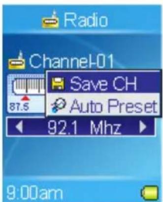 Radio Channel-01 87.5 Save CH Auto Preset 92.1 Mhz 9:00am