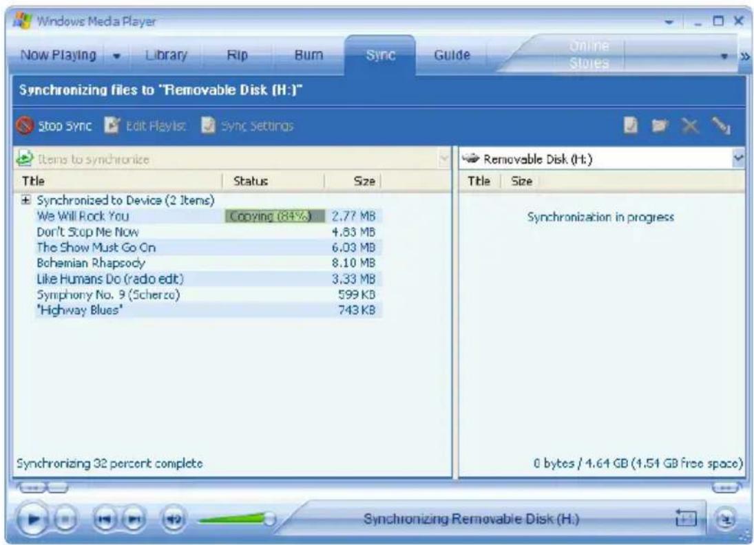 Windows Media Player Now Playing Library Rip Burn Sync Guide Online Stores Synchronizing files to "Removable Disk (H)" Stop Sync Edit Playlist Sync Settings Items to synchronize Title Status Size Synchronized to Device (2 Items) We Will Rock You Copying (84%) 2.77 MB Don't Stop Me Now 4.63 MB The Show Must Go On 6.03 MB Bohemian Rhapsody 8.10 MB Like Humans Do (radio edit) 3.33 MB Symphony No. 9 (Scherzo) 599 KB "Highway Blues" 743 KB Synchronizing 32 percent complete. Removable Disk (H.) Title Size Synchronization in progress 0 bytes / 4.64 GB (1.54 GB free space) Synchronizing Removable Disk (H.)