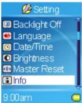 Setting Backlight Off Language Date/Time Brightness Master Reset Info 9:00am