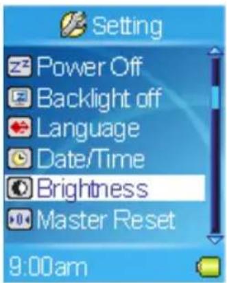 Setting Power Off Backlight off Language Date/Time Brightness Master Reset 9:00am