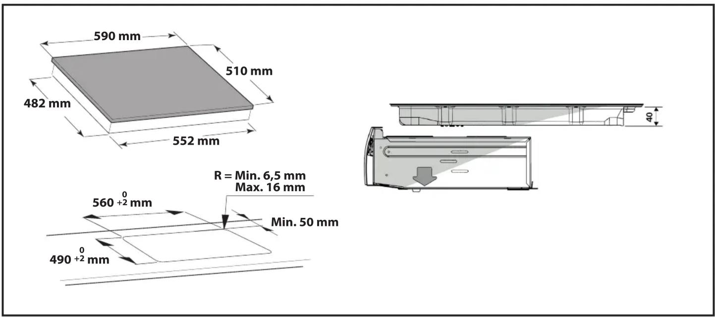 590 mm 510 mm 482 mm 552 mm 40 R = Min. 6,5 mm Max. 16 mm 560 +2 mm Min. 50 mm 490 +2 mm