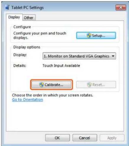 Tablet PC Settings Display Other Configure Configure your pen and touch displays. Setup... Display options Display: 1. Monitor on Standard VGA Graphics Details: Touch Input Available Calibrate... Reset... Choose the order in which your screen rotates. Go to Orientation OK Cancel Apply
