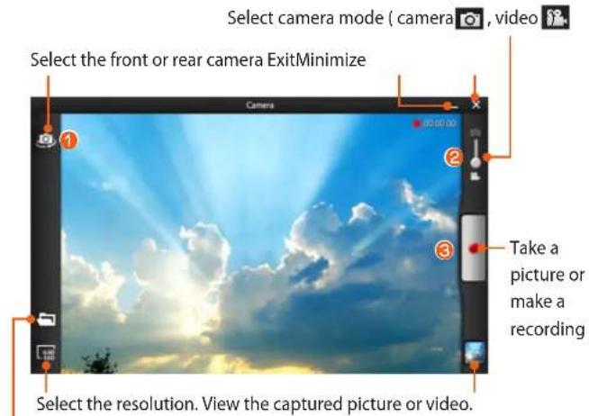 Select camera mode ( camera , video ) Select the front or rear camera ExitMinimize Camera Take a picture or make a recording Select the resolution. View the captured picture or video.
