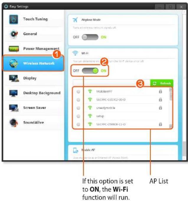 Easy Settings Touch Tuning General Power Management Wireless Network Display Desktop Background Screen Saver SoundAlive Airplane Mode Turn off wireless network signals off. OFF ON Wi-Fi You can determine what will turn the Wi-Fi device on or off. OFF ON 3 Refresh MobileWP7 SECPPC-031/02-00-D ureadymobile setup SECPPC-058808-11-D Mobile AP Use any service as an Internet AP (Access Point) If this option is set to ON, the Wi-Fi function will run. AP List