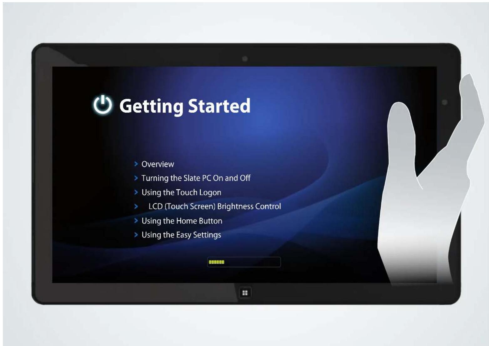 Getting Started Overview Turning the Slate PC On and Off Using the Touch Logon LCD (Touch Screen) Brightness Control Using the Home Button Using the Easy Settings