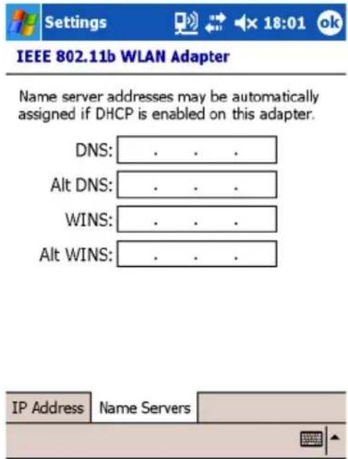 IEEE 802.11b WLAN Adapter Name server addresses may be automatically assigned if DHCP is enabled on this adapter. DNS: . . . Alt DNS: . . . WINS: . . . Alt WINS: . . . IP Address Name Servers