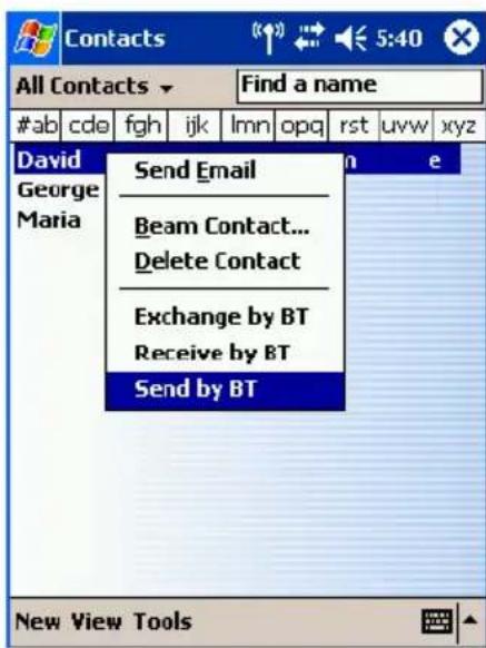 Contacts All Contacts Find a name #ab cde fgh ijk lmn opq rst uvw xyz David George Maria Send Email Beam Contact... Delete Contact Exchange by BT Receive by BT Send by BT New View Tools