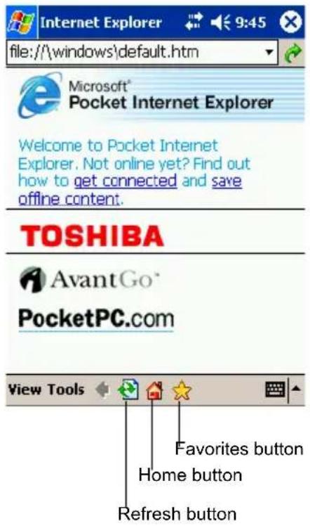 Internet Explorer file:///windows\default.htm Microsoft® Pocket Internet Explorer Welcome to Pocket Internet Explorer. Not online yet? Find out how to get connected and save offline content. TOSHIBA AvantGo® PocketPC.com View Tools Favorites button Home button Refresh button