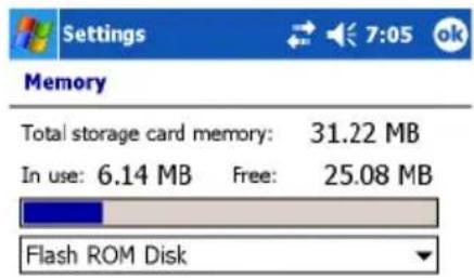 Settings 7:05 ok Memory Total storage card memory: 31.22 MB In use: 6.14 MB Free: 25.08 MB Flash ROM Disk