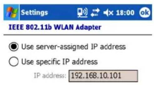 IEEE 802.11b WLAN Adapter Use server-assigned IP address Use specific IP address IP address: 192.168.10.101