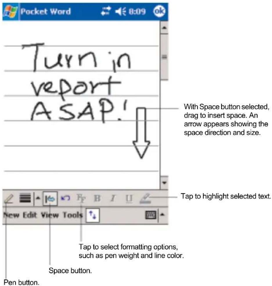 Turn in report ASAP! With Space button selected, drag to insert space. An arrow appears showing the space direction and size. Tap to highlight selected text. New Edit View Tools Tap to select formatting options, such as pen weight and line color. Space button. Pen button.