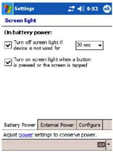 Settings 9:52 ok Screen light On battery power: ✓ Turn off screen light if device is not used for 30 sec ✓ Turn on screen light when a button is pressed or the screen is tapped Battery Power External Power Configure Adjust power settings to conserve power.