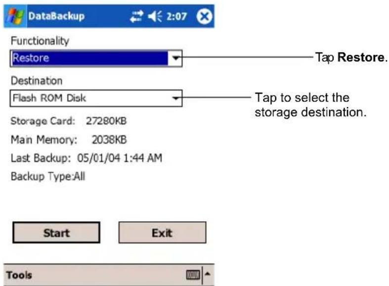 DataBackup Functionality Restore Tap Restore. Destination Flash ROM Disk Tap to select the storage destination. Storage Card: 27280KB Main Memory: 2038KB Last Backup: 05/01/04 1:44 AM Backup Type:All Start Exit Tools