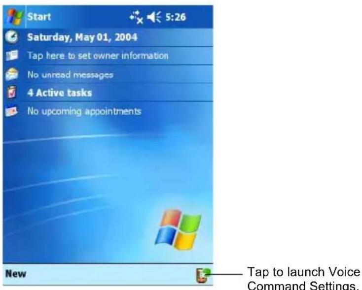Start 5:26 Saturday, May 01, 2004 Tap here to set owner information No unread messages 4 Active tasks No upcoming appointments New Tap to launch Voice Command Settings.
