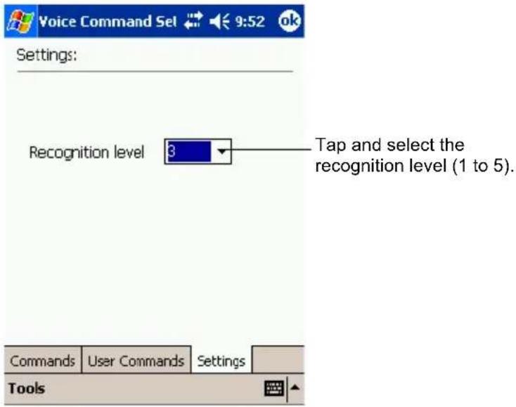 Voice Command Set 9:52 ok Settings: Recognition level 3 Tap and select the recognition level (1 to 5). Commands User Commands Settings Tools