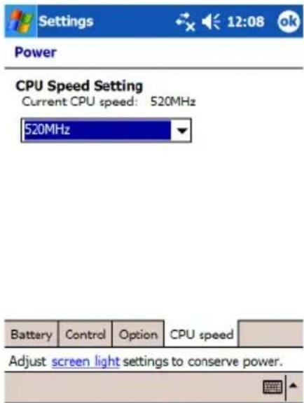 Settings 12:08 ok Power CPU Speed Setting Current CPU speed: 520MHz 520MHz Battery Control Option CPU speed Adjust screen light settings to conserve power.