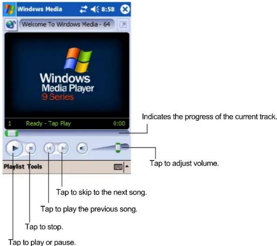 Windows Media 8:58 Welcome To Windows Media - 64 Windows Media Player 9 Series 1 Ready - Tap Play 0:00 Indicates the progress of the current track. Tap to adjust volume. Playlist Tools Tap to skip to the next song. Tap to play the previous song. Tap to stop. Tap to play or pause.