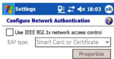 Settings Configure Network Authentication Use IEEE 802.1x network access control EAP type: Smart Card or Certificate Properties
