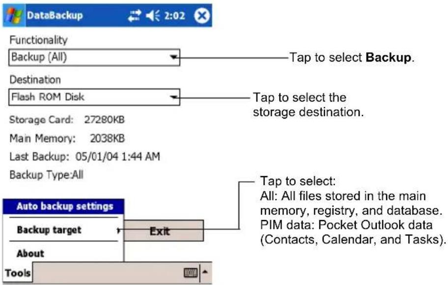 DataBackup Functionality Backup (All) Tap to select Backup. Destination Flash ROM Disk Tap to select the storage destination. Storage Card: 27280KB Main Memory: 2038KB Last Backup: 05/01/04 1:44 AM Backup Type:All Auto backup settings Backup target Exit About Tools Tap to select: All: All files stored in the main memory, registry, and database. PIM data: Pocket Outlook data (Contacts, Calendar, and Tasks).